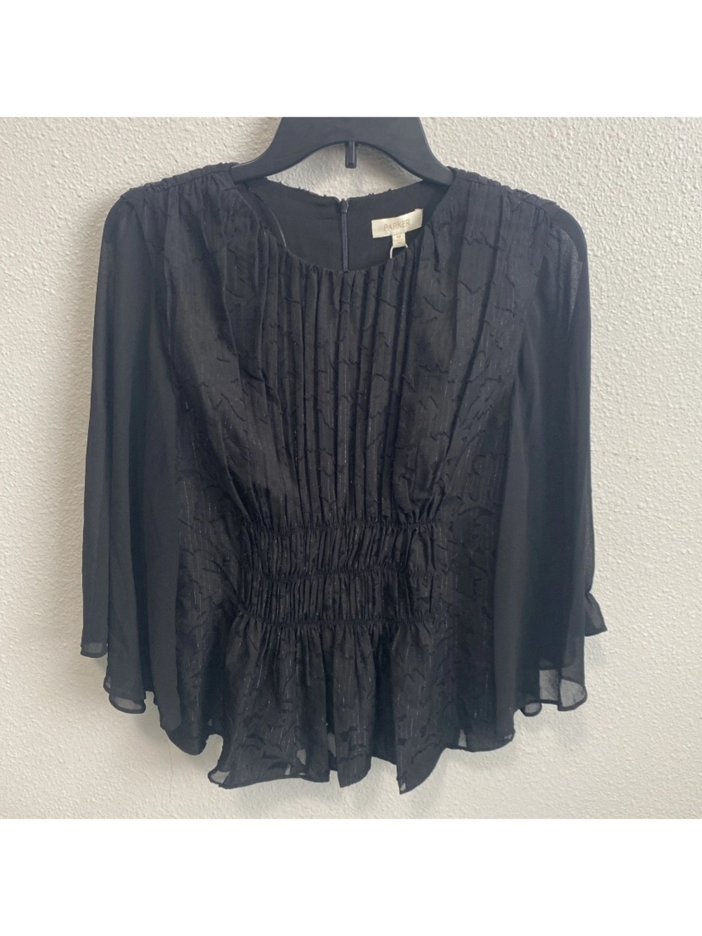 NWT Parker Black Pintuck Smocked Peplum Blouse Textured Pattern